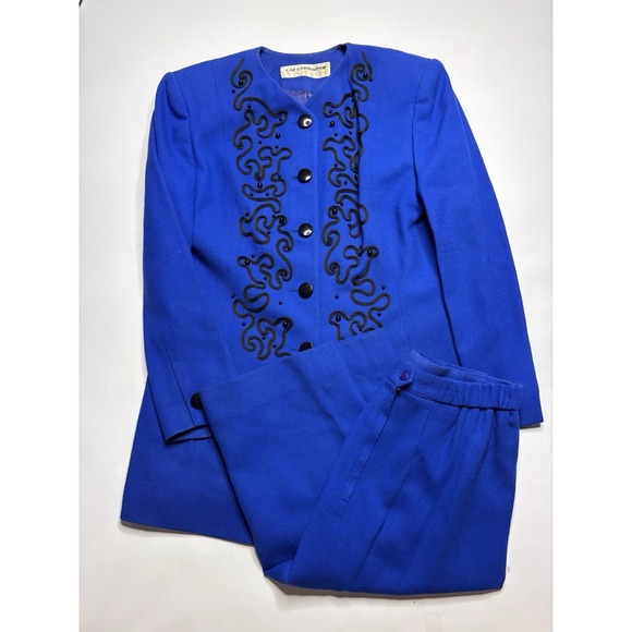 Liz Claiborne Suits Women's Sz 6? SEE 100% Wool Blue Embroidered Skirt Suit Set - Picture 5 of 16